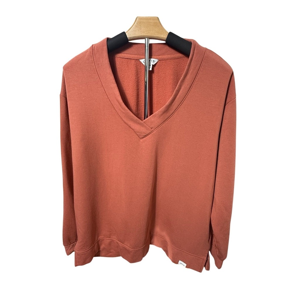 Orvis V-Neck Sweatshirt Women Medium Terracotta Rust Fleece Pullover‎ Casual